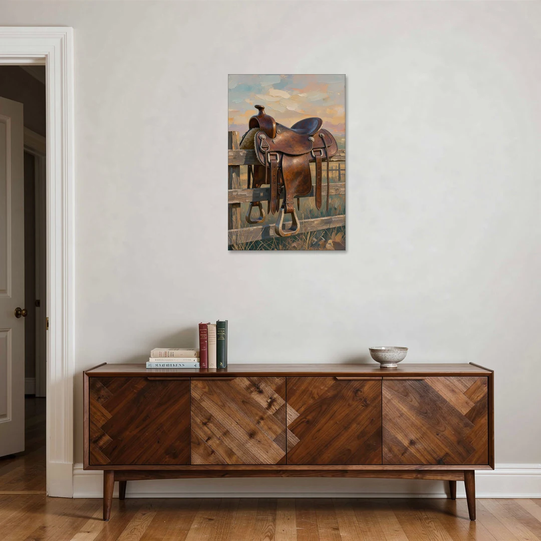 Rustic Western Wall Decor with Saddle at Sundown - Canvas Wall Art - Coffee Table - 24x36