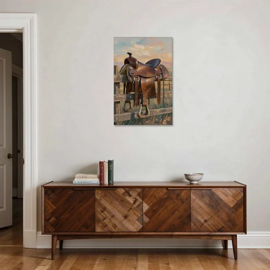 Rustic Western Wall Decor with Saddle at Sundown - Canvas Wall Art - Coffee Table - 24x36