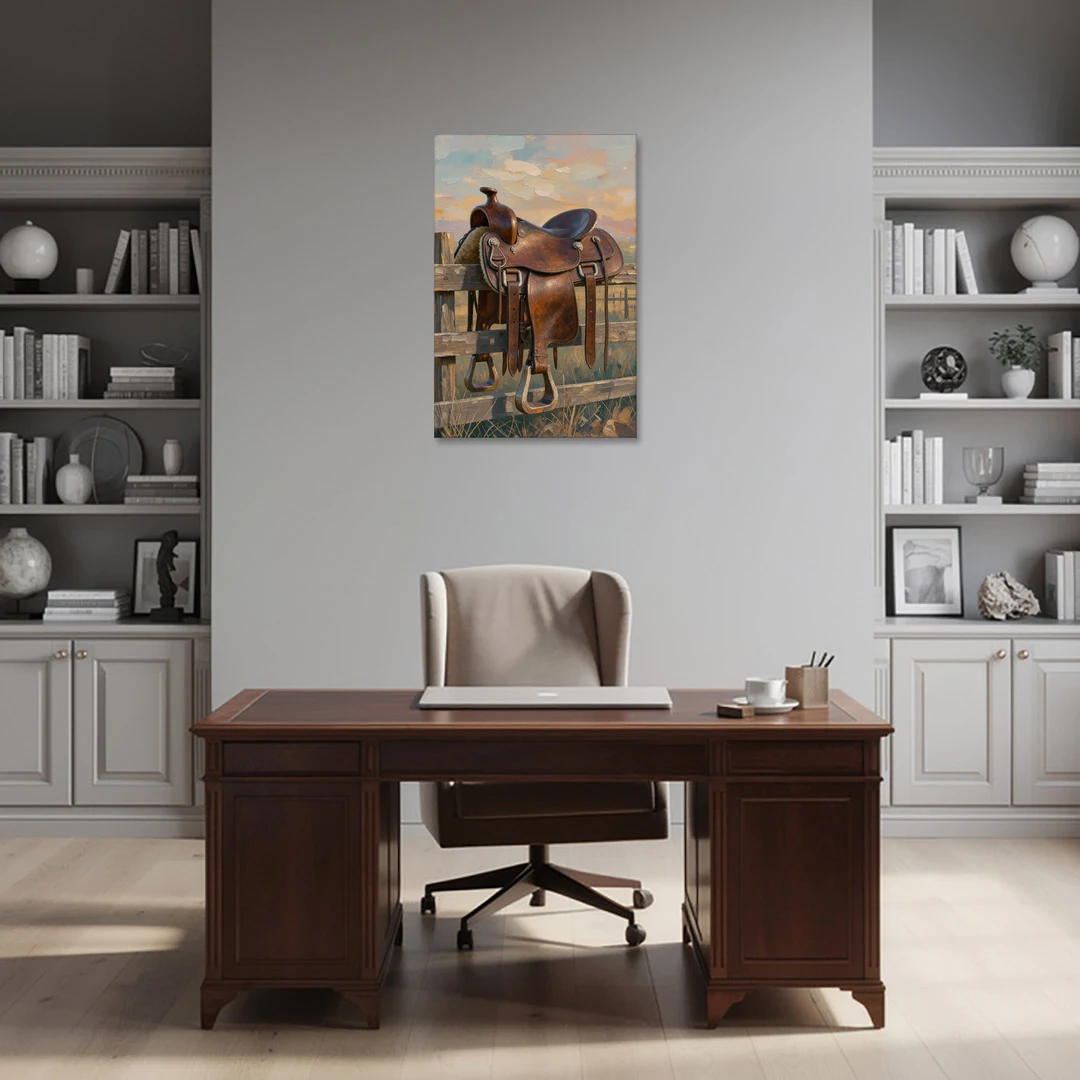 Rustic Western Wall Decor with Saddle at Sundown - Canvas Wall Art - Office - 24x36