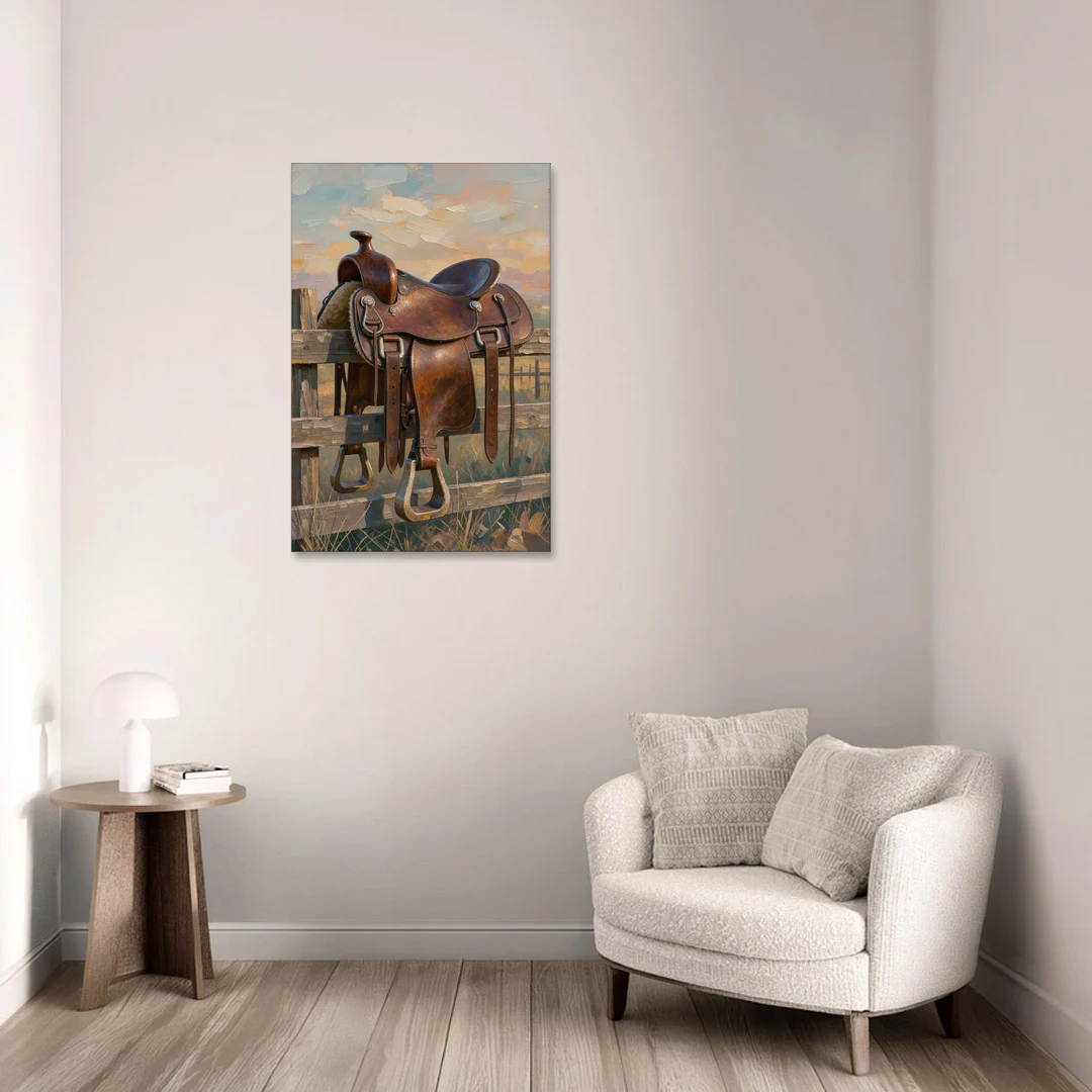 Rustic Western Wall Decor with Saddle at Sundown - Canvas Wall Art - Sofa - 24x36