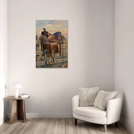 Rustic Western Wall Decor with Saddle at Sundown - Canvas Wall Art - Sofa - 24x36