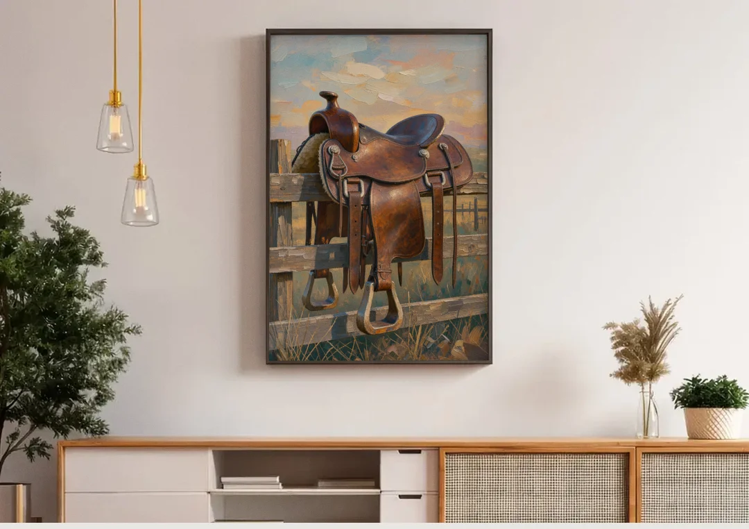 Rustic Western Wall Decor with Saddle at Sundown canvas wall art above a wooden sideboard under pendant lights