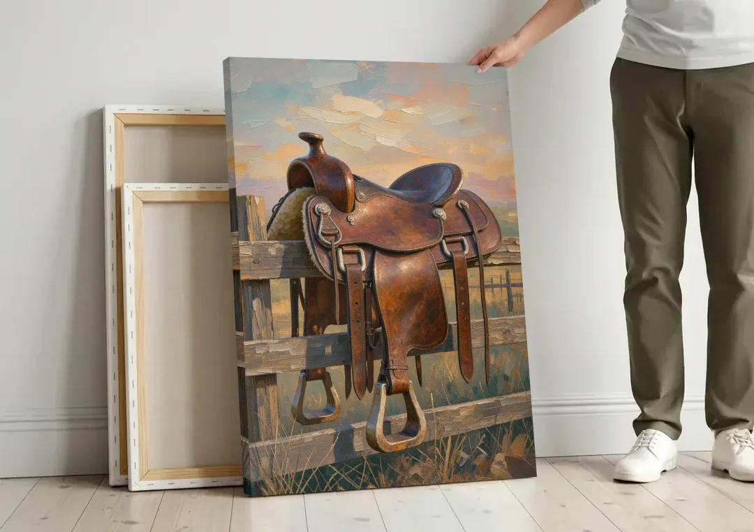 Rustic Western Wall Decor with Saddle at Sundown canvas wall art leaning against a wall next to blank canvases