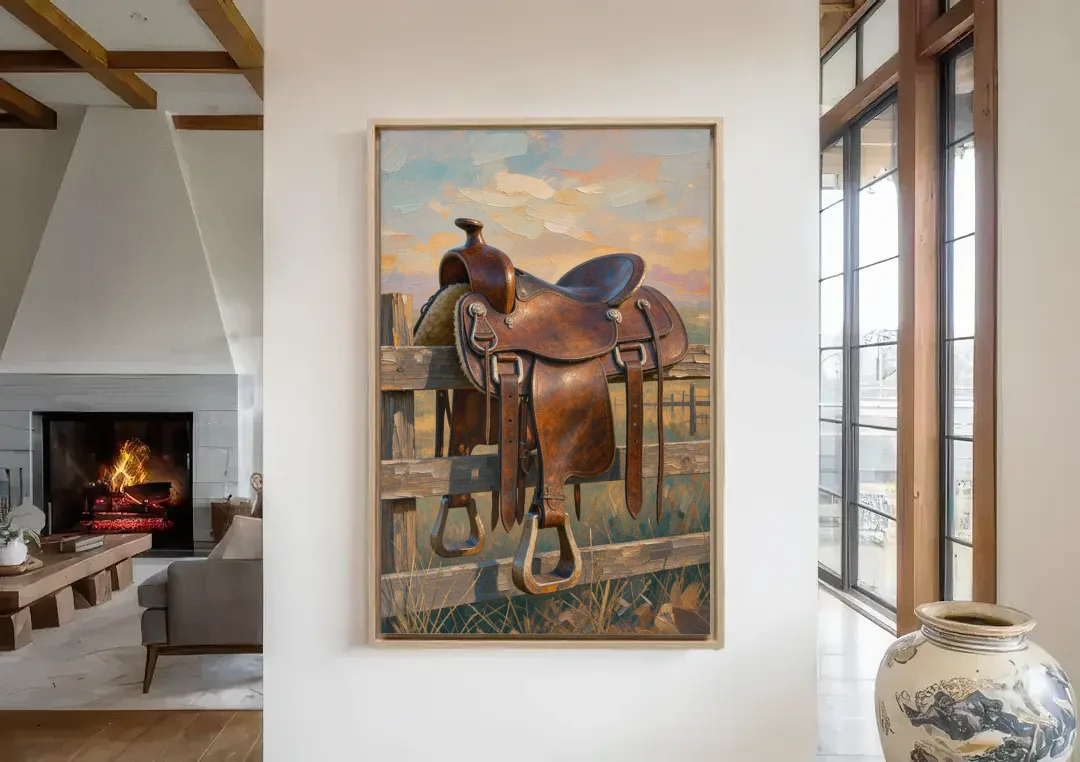 Rustic Western Wall Decor with Saddle at Sundown canvas wall art in a living room with a fireplace