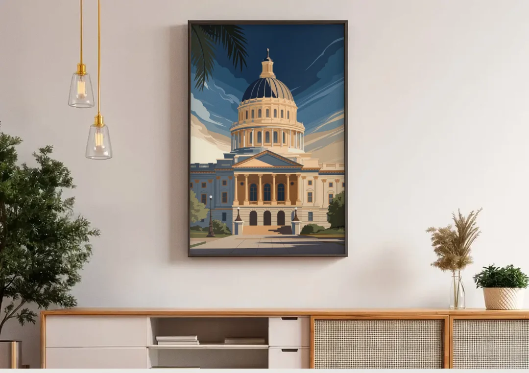 Sacramento Capitol Building canvas wall art above a wooden sideboard under pendant lights