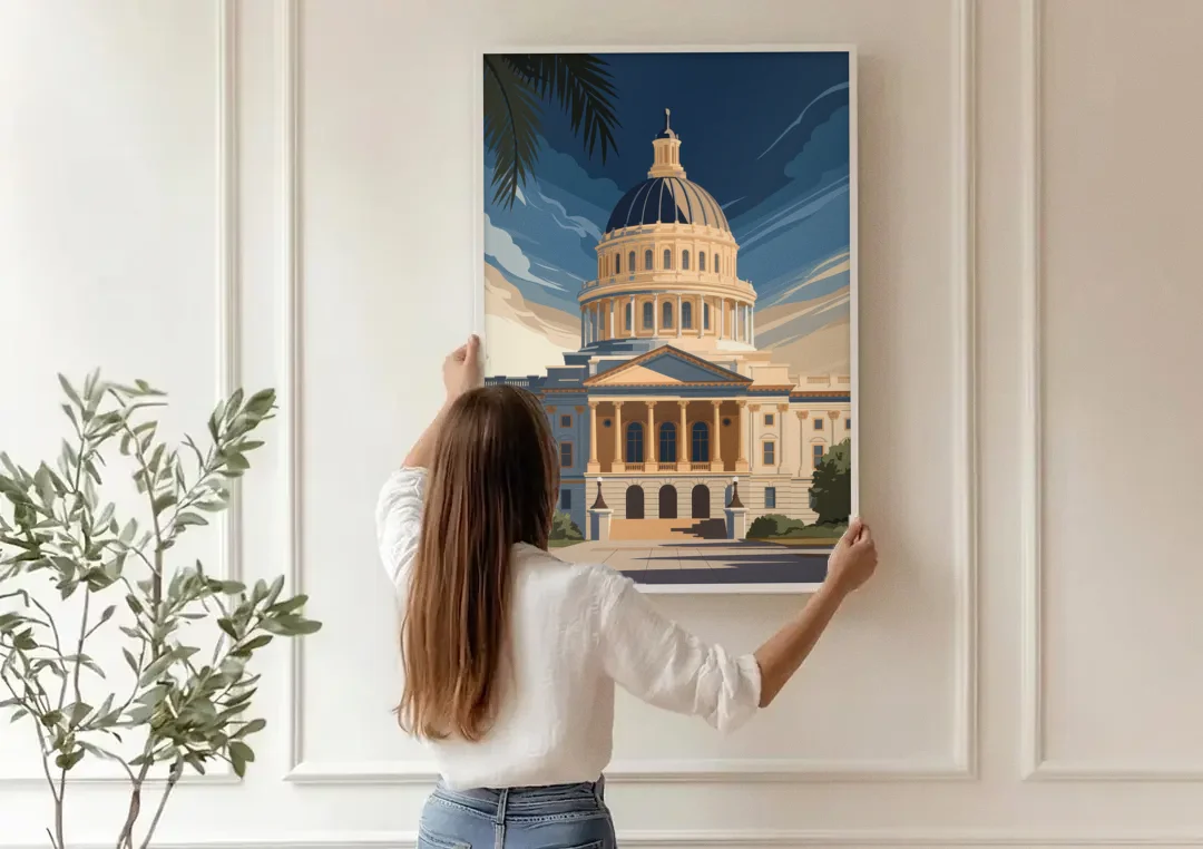 Sacramento Capitol Building canvas wall art being hung on a paneled wall