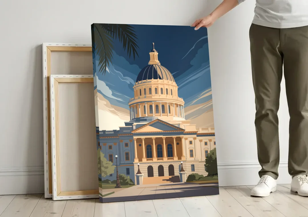 Sacramento Capitol Building canvas wall art leaning against a wall next to blank canvases