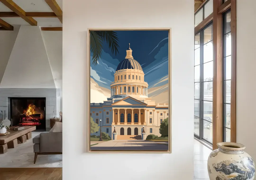 Sacramento Capitol Building canvas wall art in a living room with a fireplace