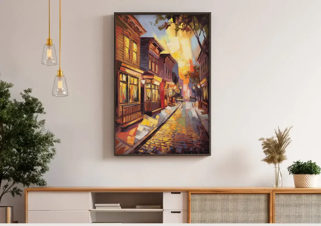 Sacramento Historic Old Town canvas wall art above a wooden sideboard under pendant lights