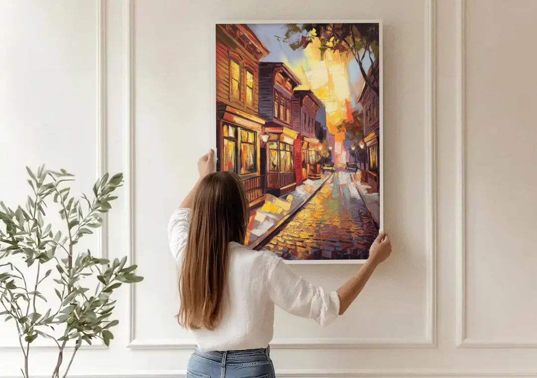 Sacramento Historic Old Town canvas wall art being hung on a paneled wall