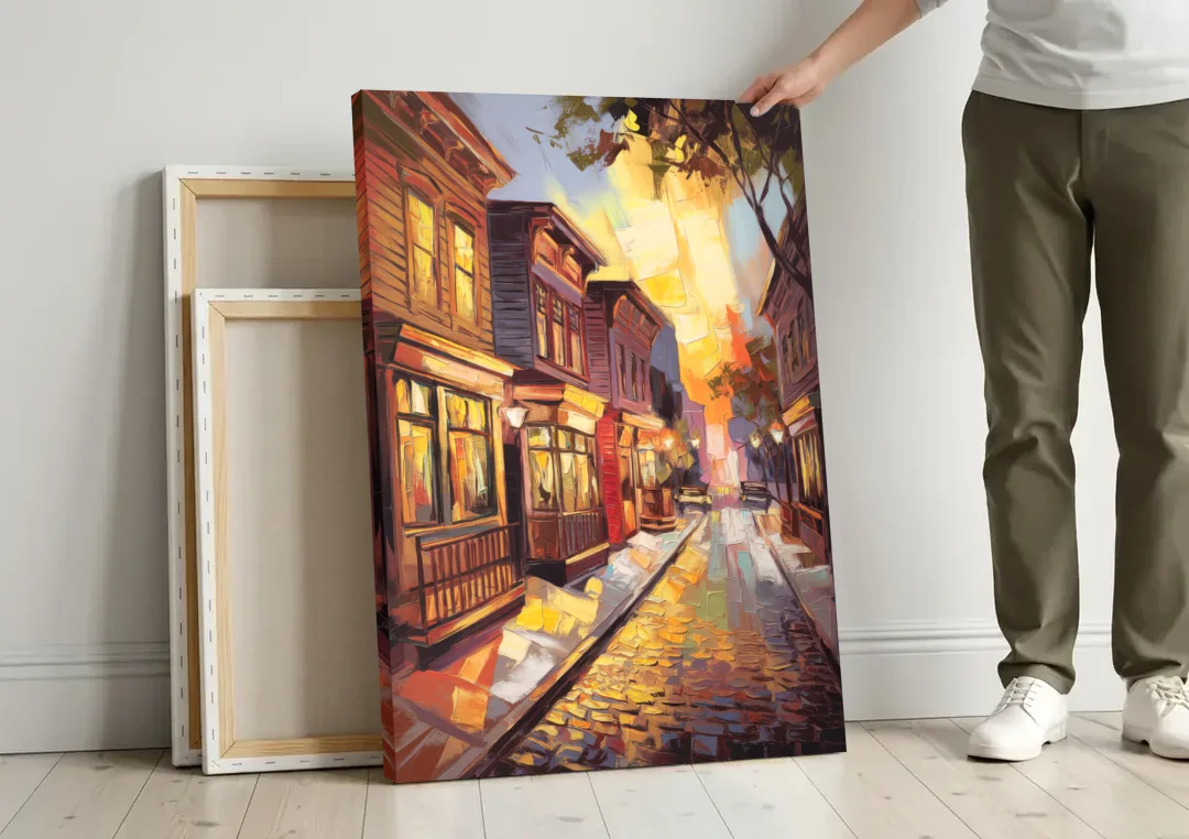 Sacramento Historic Old Town canvas wall art leaning against a wall next to blank canvases