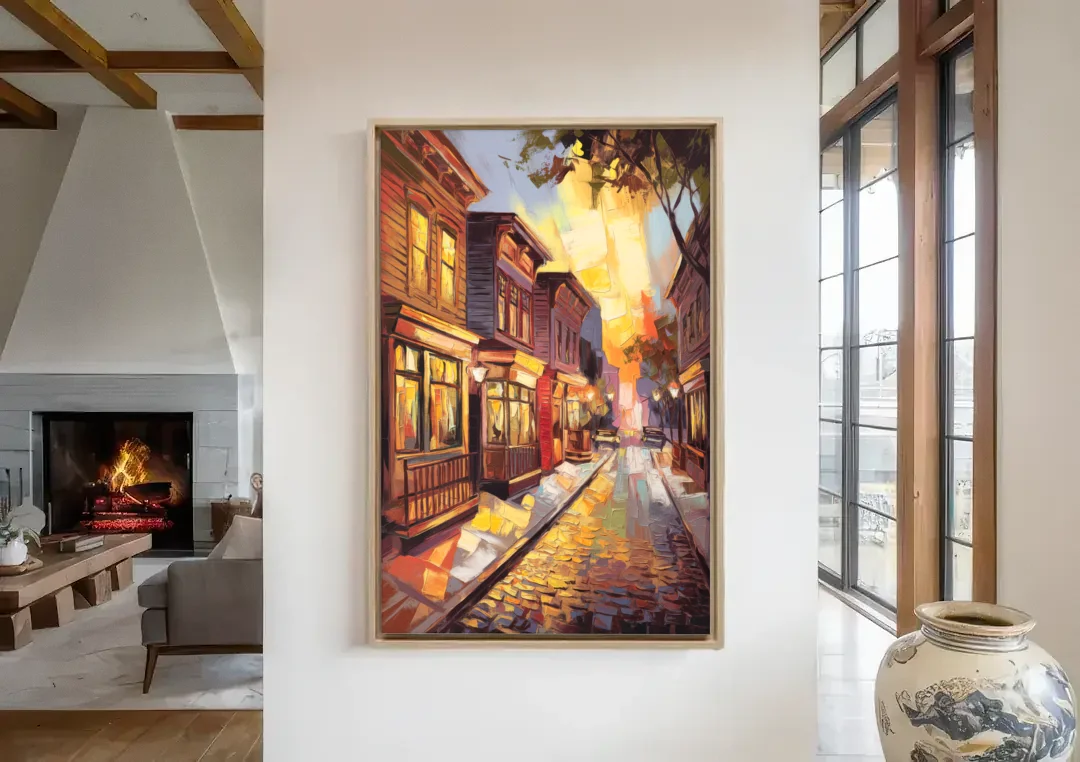 Sacramento Historic Old Town canvas wall art in a living room with a fireplace