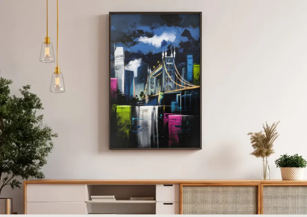 Sacramento Urban Street Art canvas wall art above a wooden sideboard under pendant lights