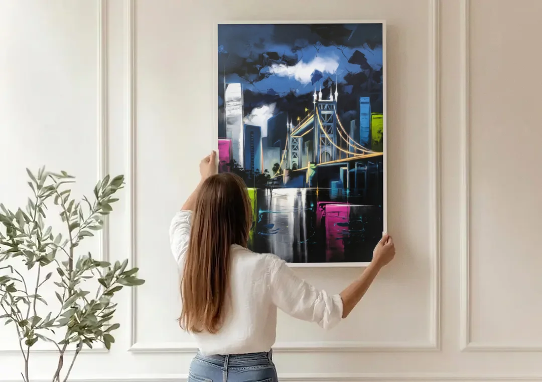 Sacramento Urban Street Art canvas wall art being hung on a paneled wall