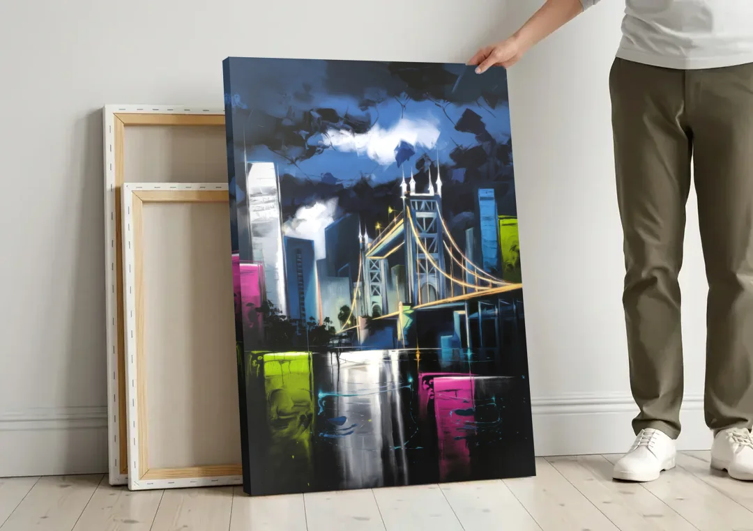 Sacramento Urban Street Art canvas wall art leaning against a wall next to blank canvases