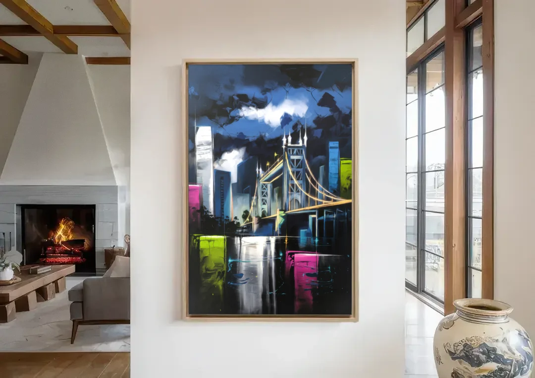 Sacramento Urban Street Art canvas wall art in a living room with a fireplace