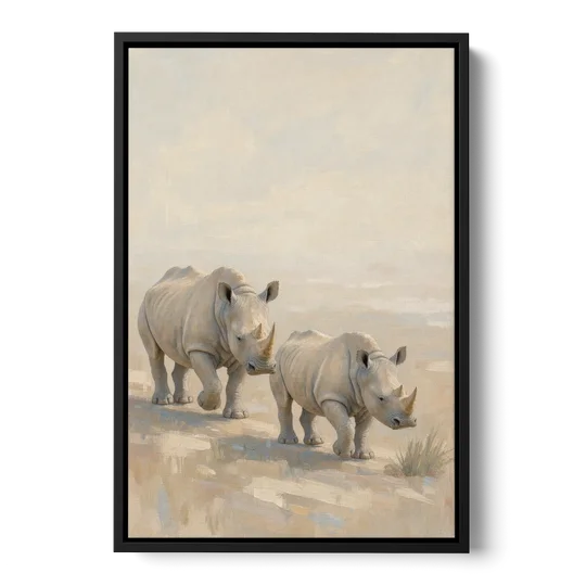 Safari Animal Nursery Prints Rhino Calf and Mother - Black Framed Canvas Wall Art - Front