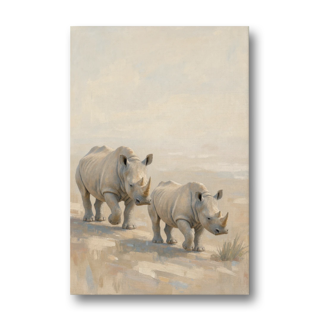 Safari Animal Nursery Prints Rhino Calf and Mother - Canvas Wall Art - Front