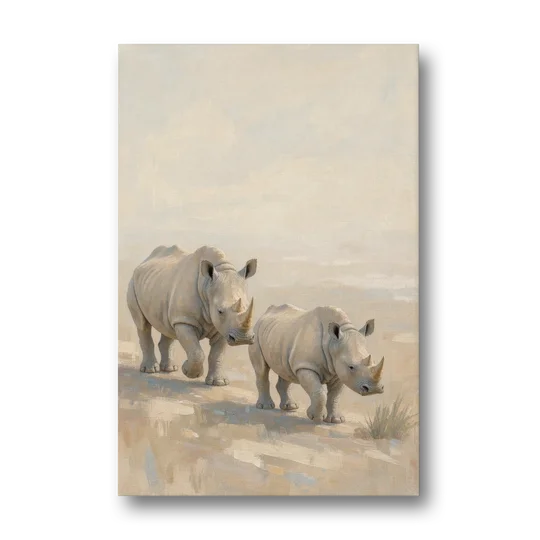 Safari Animal Nursery Prints Rhino Calf and Mother - Canvas Wall Art - Front