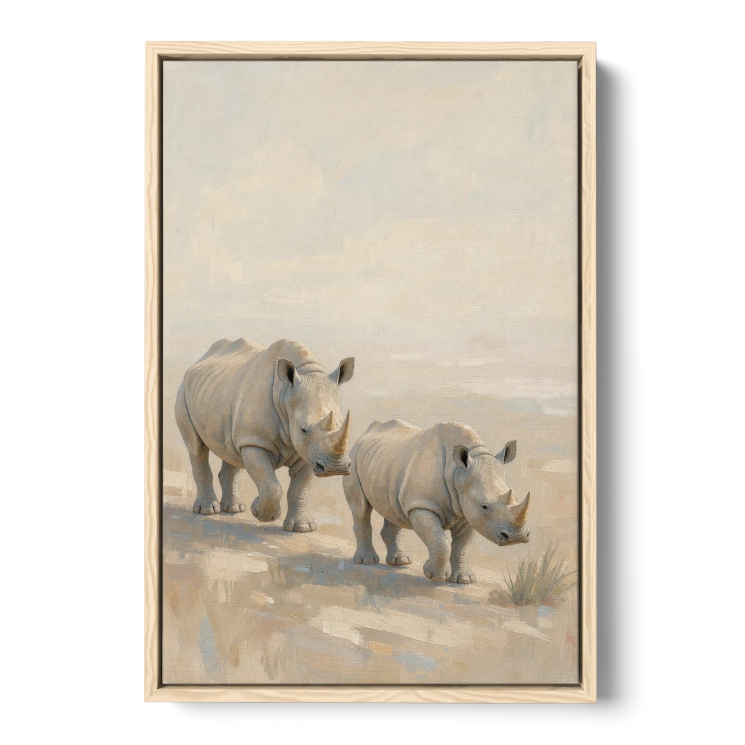 Safari Animal Nursery Prints Rhino Calf and Mother - Oak Framed Canvas Wall Art - Front