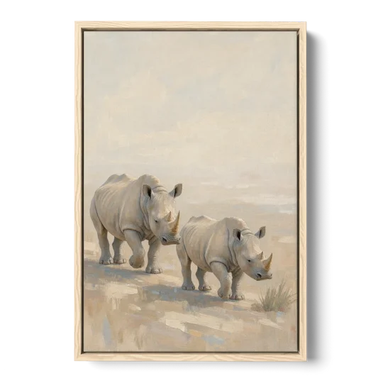 Safari Animal Nursery Prints Rhino Calf and Mother - Oak Framed Canvas Wall Art - Front