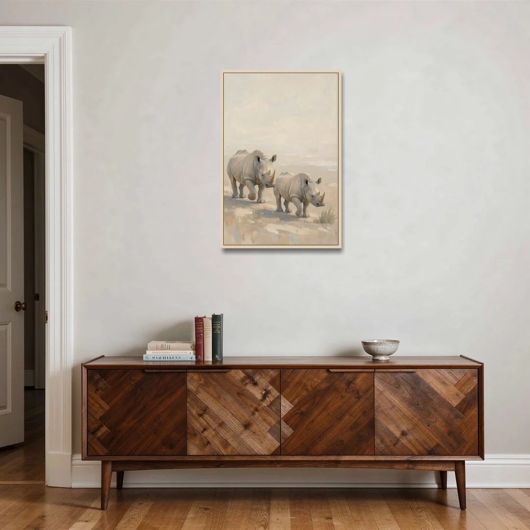 Safari Animal Nursery Prints Rhino Calf and Mother - Oak Framed Canvas Wall Art - Coffee Table - 24x36