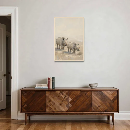 Safari Animal Nursery Prints Rhino Calf and Mother - Oak Framed Canvas Wall Art - Coffee Table - 24x36