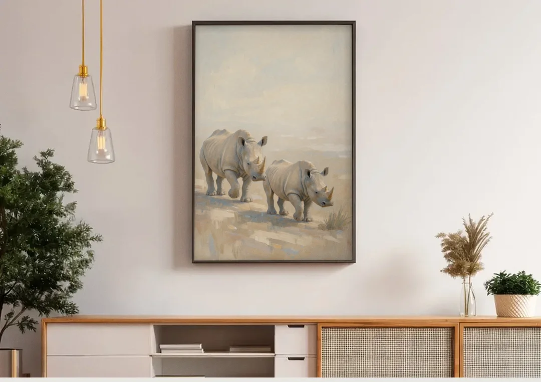 Safari Animal Nursery Prints Rhino Calf and Mother canvas wall art above a wooden sideboard under pendant lights