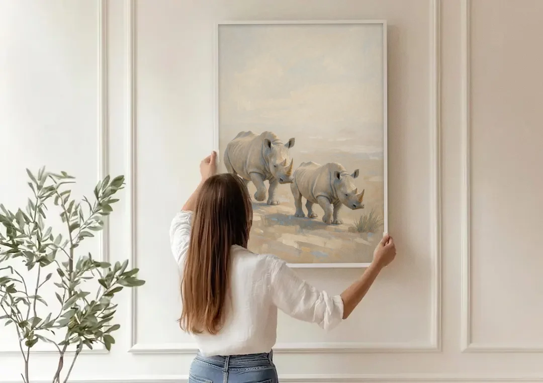 Safari Animal Nursery Prints Rhino Calf and Mother canvas wall art being hung on a paneled wall