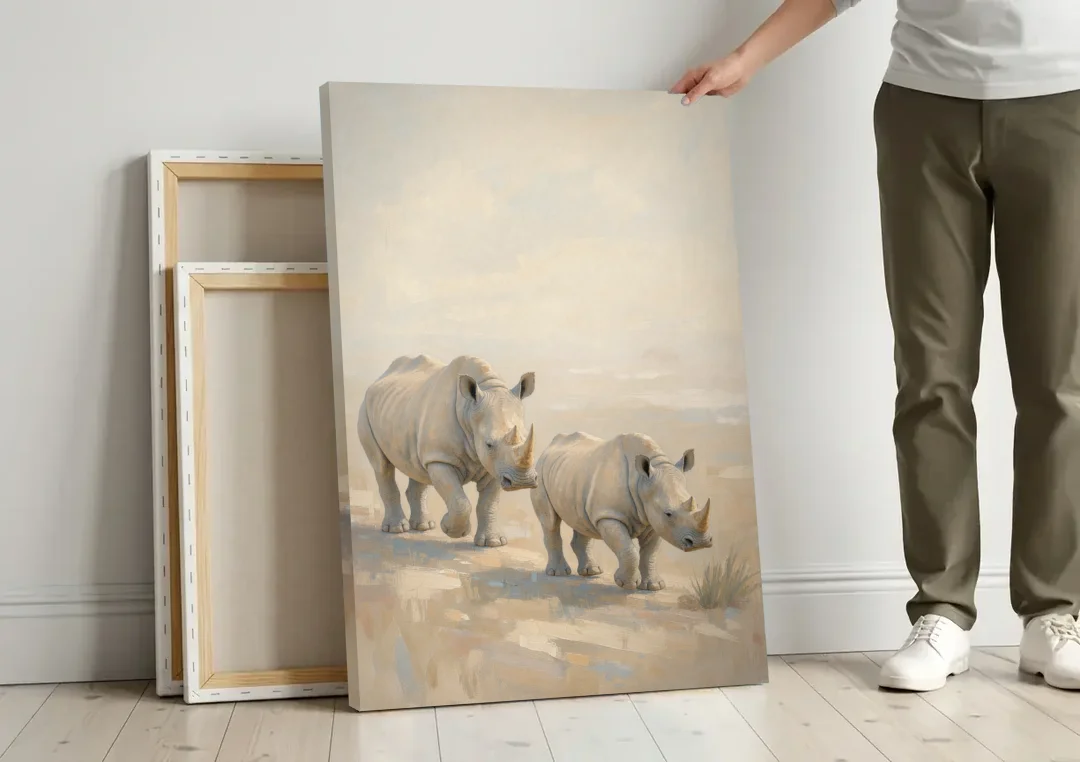 Safari Animal Nursery Prints Rhino Calf and Mother canvas wall art leaning against a wall next to blank canvases