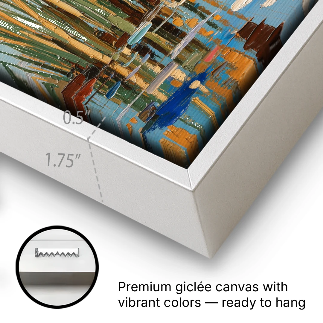 Sage and Ochre Reeds on Still Water - White Framed Canvas Wall Art - Gallery Wrap Corner