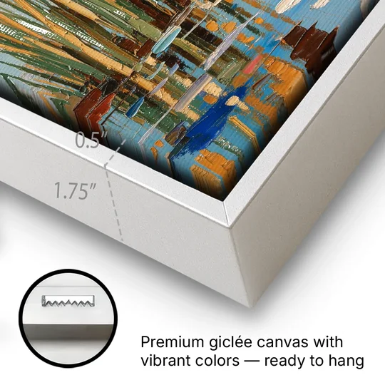 Sage and Ochre Reeds on Still Water - White Framed Canvas Wall Art - Gallery Wrap Corner