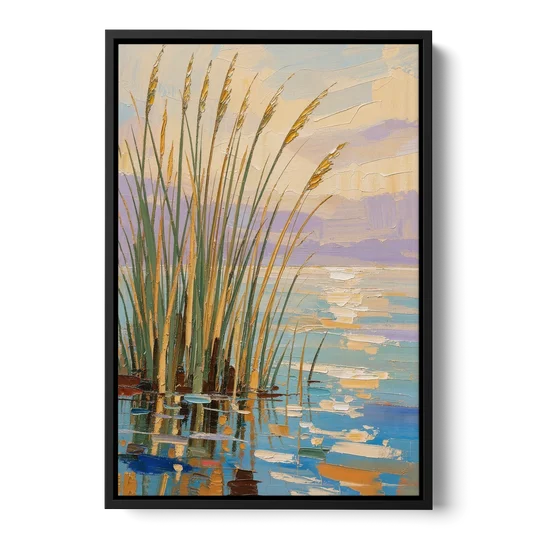 Sage and Ochre Reeds on Still Water - Black Framed Canvas Wall Art - Front