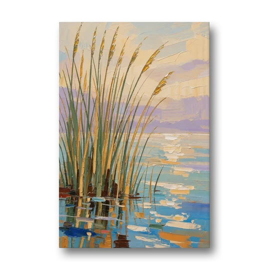Sage and Ochre Reeds on Still Water - Canvas Wall Art - Front