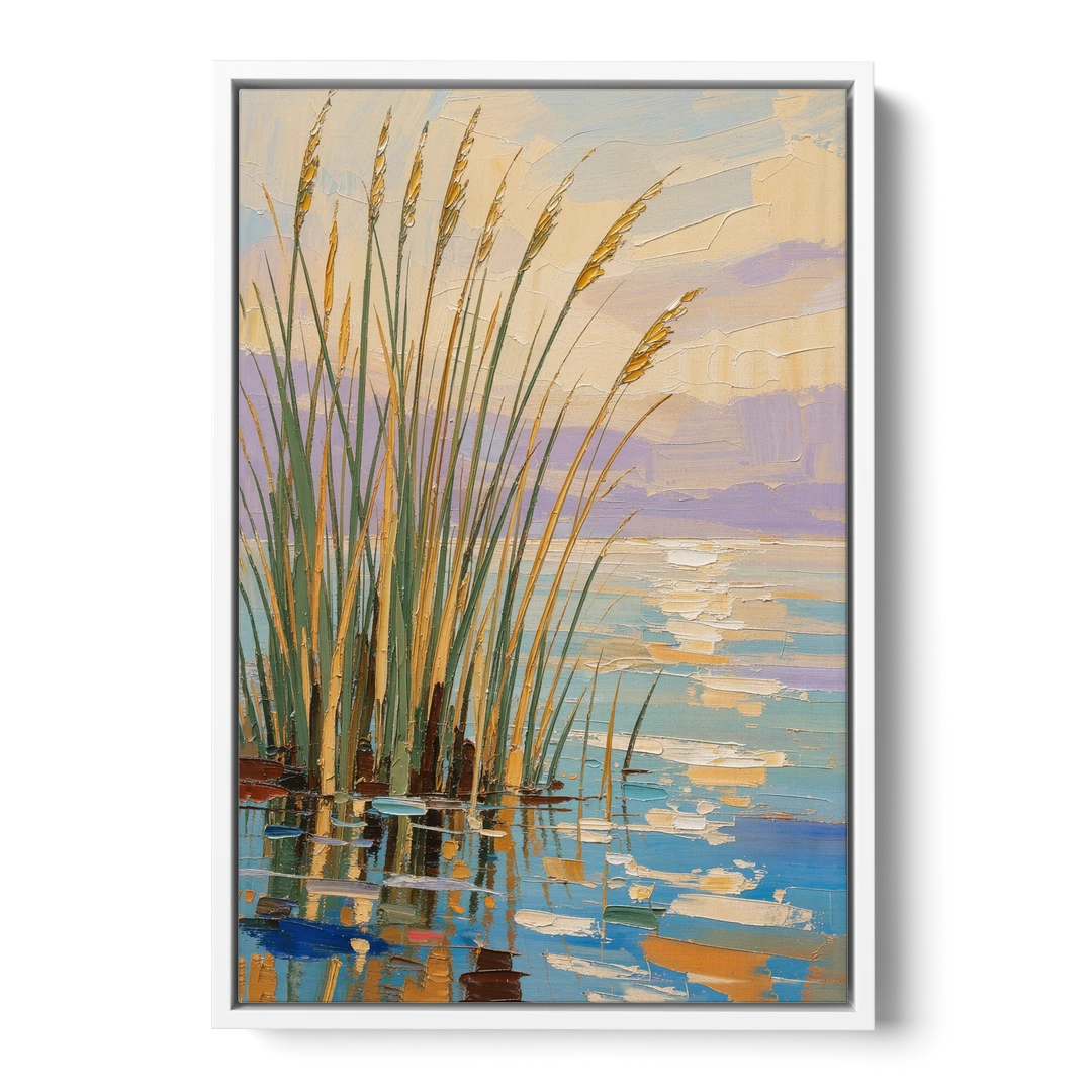 Sage and Ochre Reeds on Still Water - White Framed Canvas Wall Art - Front