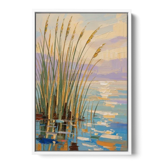 Sage and Ochre Reeds on Still Water - White Framed Canvas Wall Art - Front