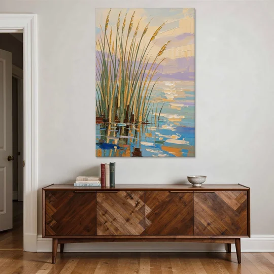 Sage and Ochre Reeds on Still Water - Canvas Wall Art - Coffee Table - 40x60