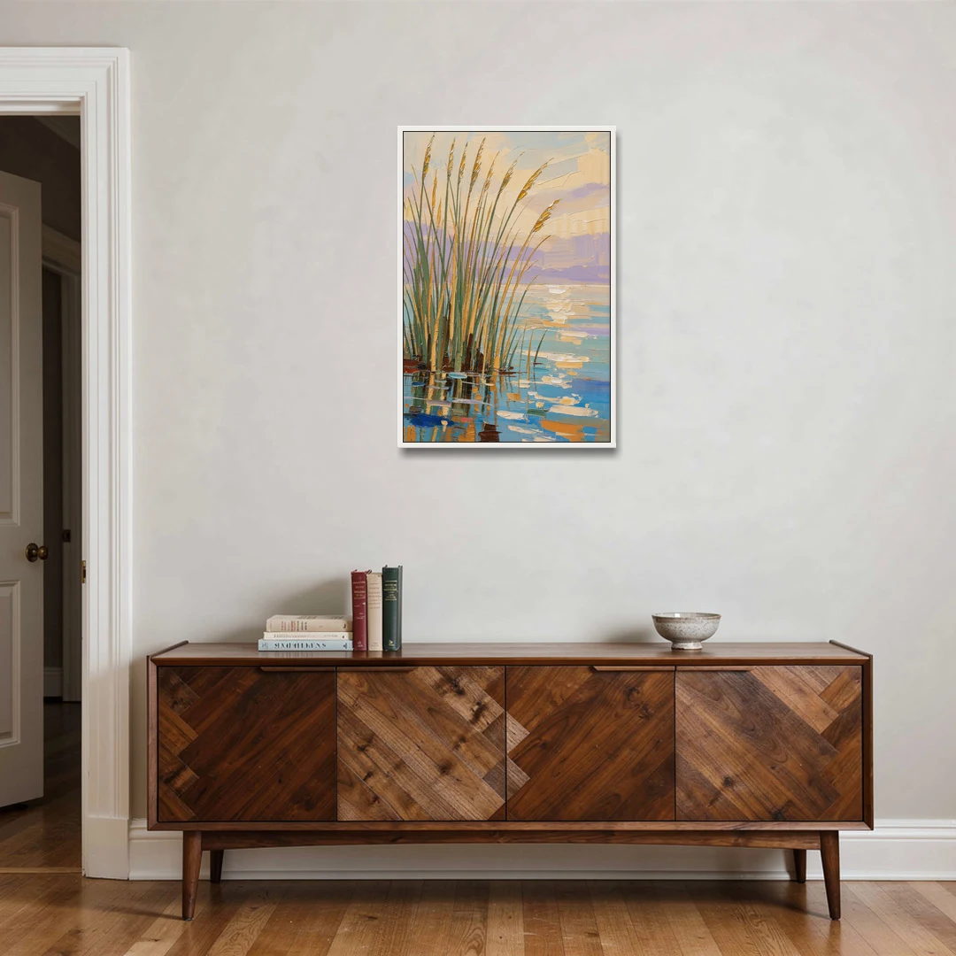 Sage and Ochre Reeds on Still Water - White Framed Canvas Wall Art - Coffee Table - 24x36