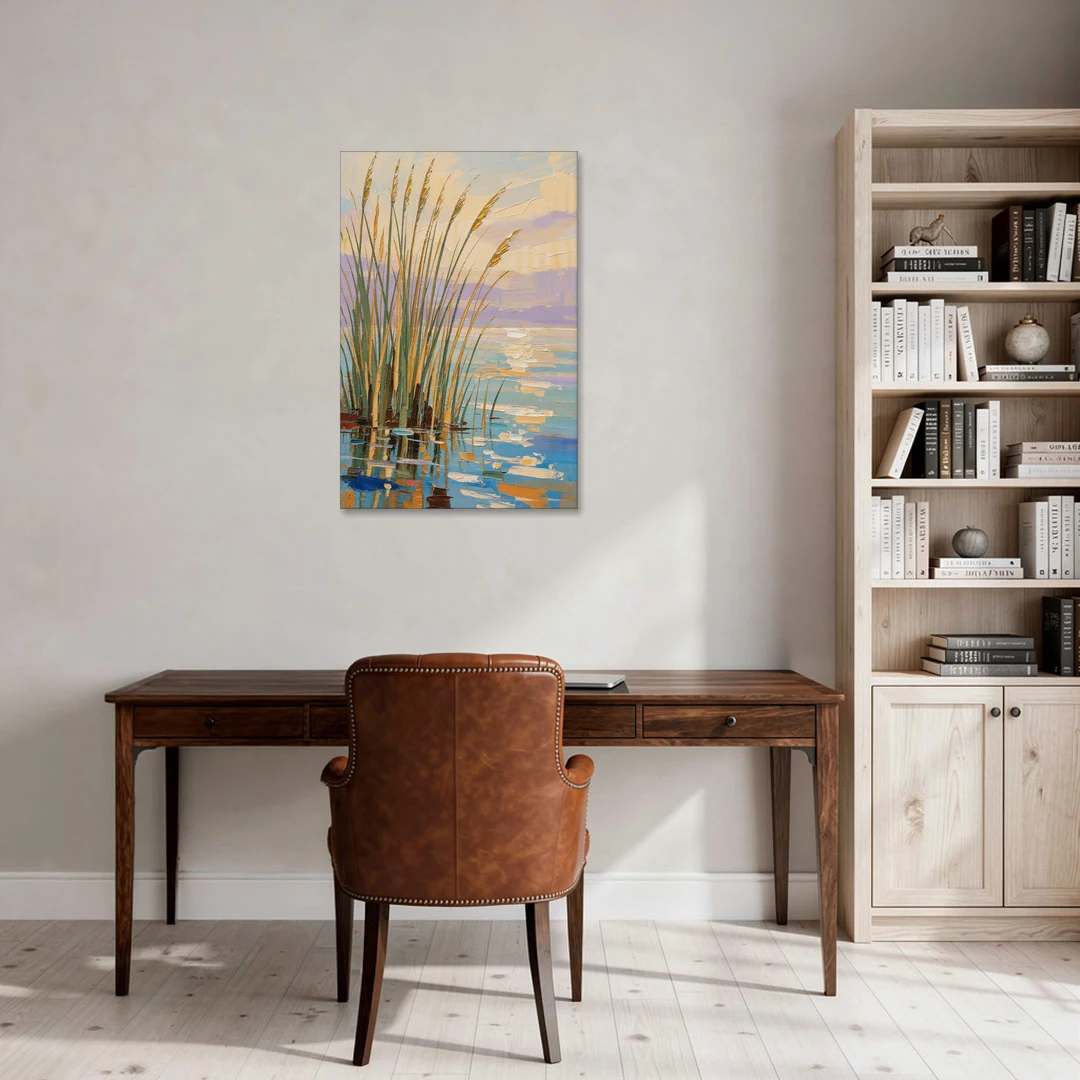 Sage and Ochre Reeds on Still Water - Canvas Wall Art - Office - 24x36
