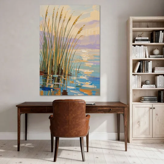 Sage and Ochre Reeds on Still Water - Canvas Wall Art - Office - 40x60