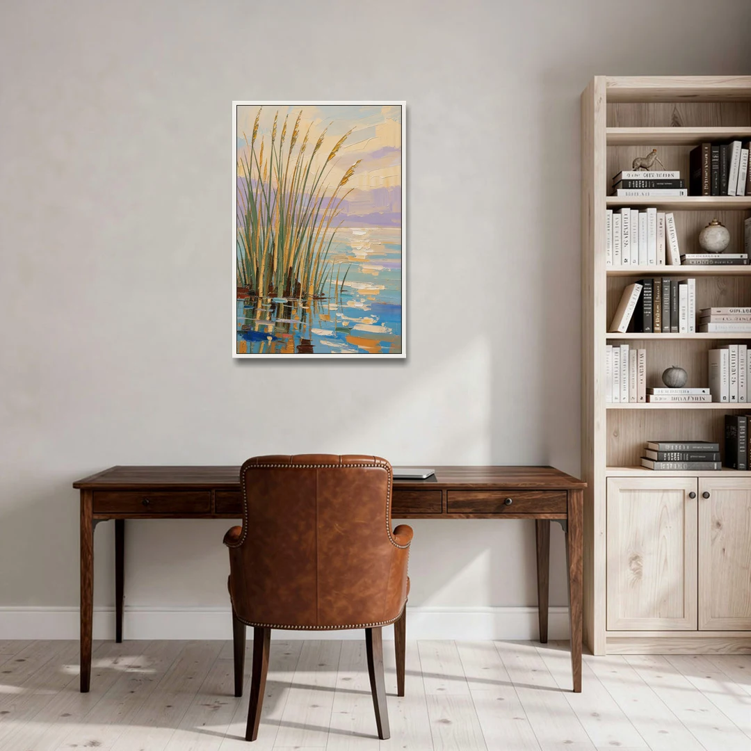 Sage and Ochre Reeds on Still Water - White Framed Canvas Wall Art - Office - 24x36