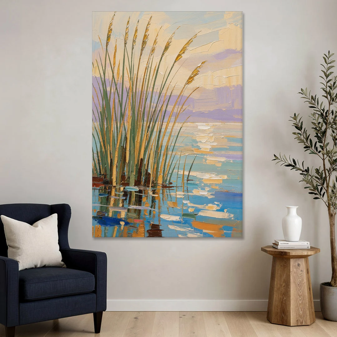 Sage and Ochre Reeds on Still Water - Canvas Wall Art - Sofa - 40x60
