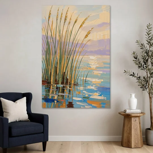 Sage and Ochre Reeds on Still Water - Canvas Wall Art - Sofa - 40x60