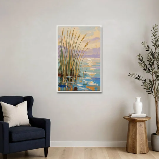Sage and Ochre Reeds on Still Water - White Framed Canvas Wall Art - Sofa - 24x36