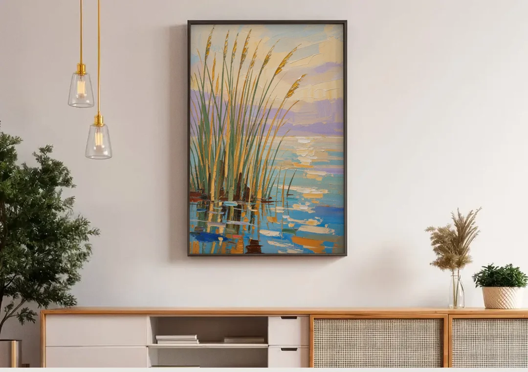 Sage and Ochre Reeds on Still Water canvas wall art above a wooden sideboard under pendant lights