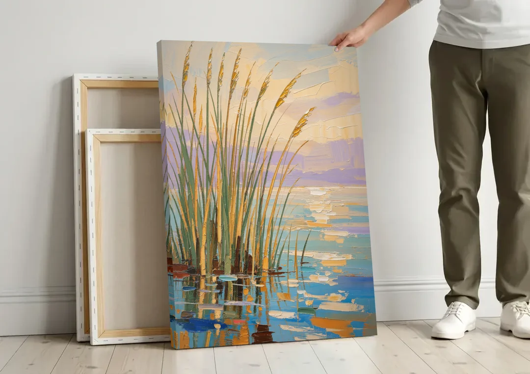 Sage and Ochre Reeds on Still Water canvas wall art leaning against a wall next to blank canvases