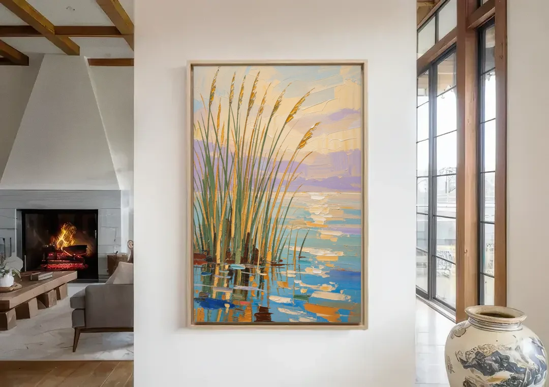 Sage and Ochre Reeds on Still Water canvas wall art in a living room with a fireplace