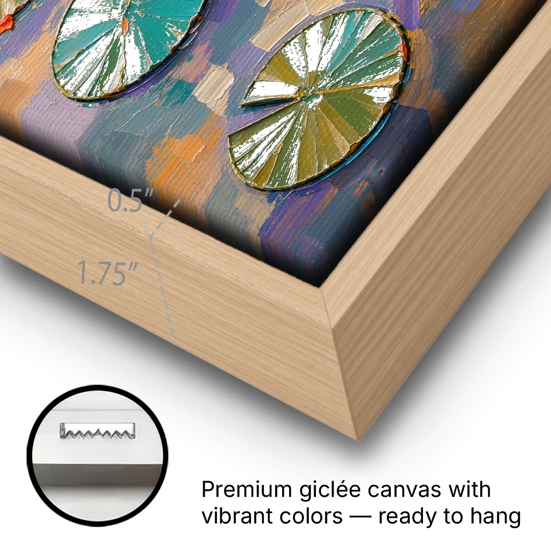 Sage and Teal Lily Pads on Peach Water - Oak Framed Canvas Wall Art - Gallery Wrap Corner