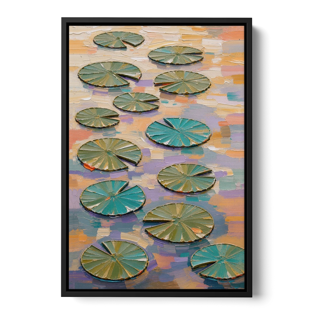 Sage and Teal Lily Pads on Peach Water - Black Framed Canvas Wall Art - Front