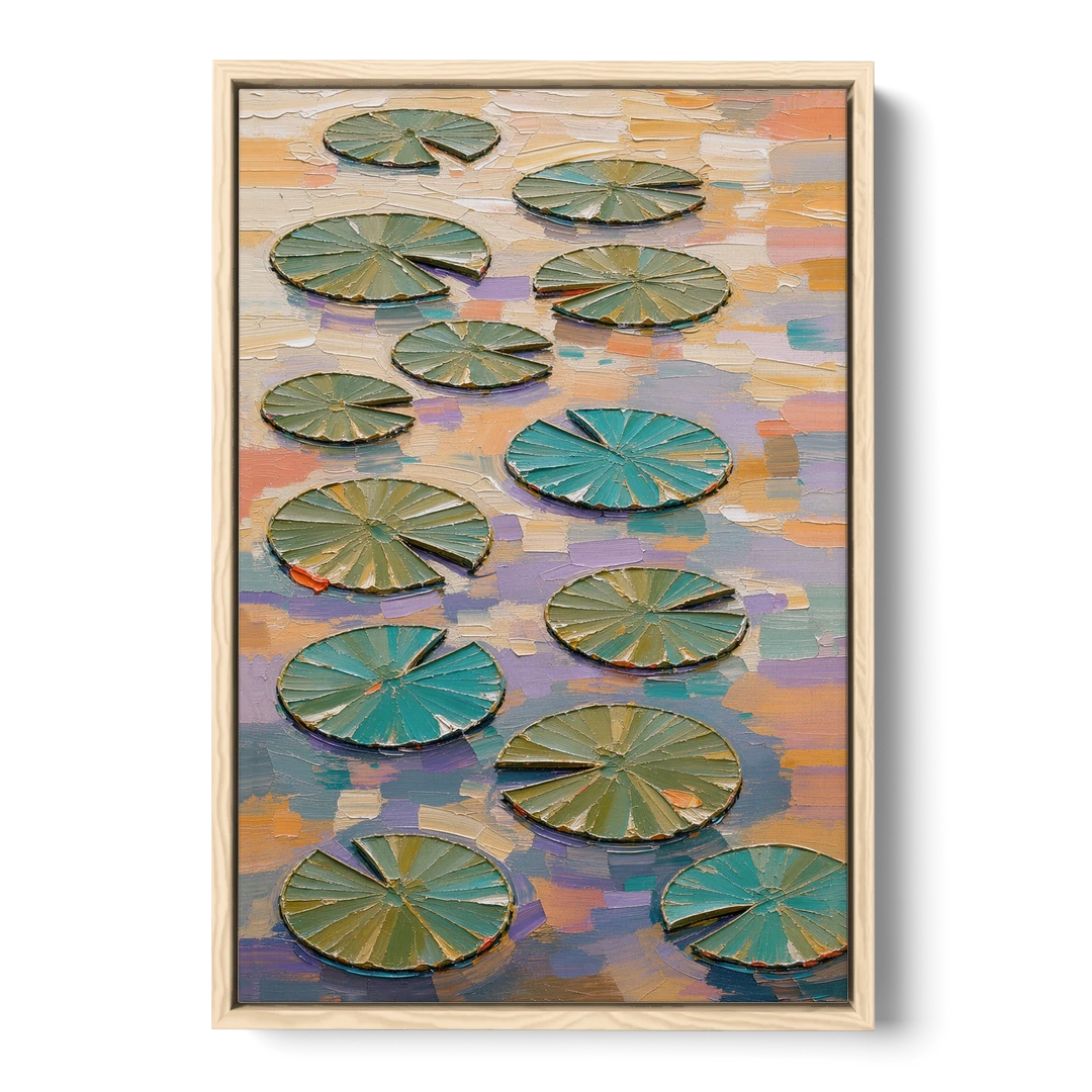 Sage and Teal Lily Pads on Peach Water - Oak Framed Canvas Wall Art - Front